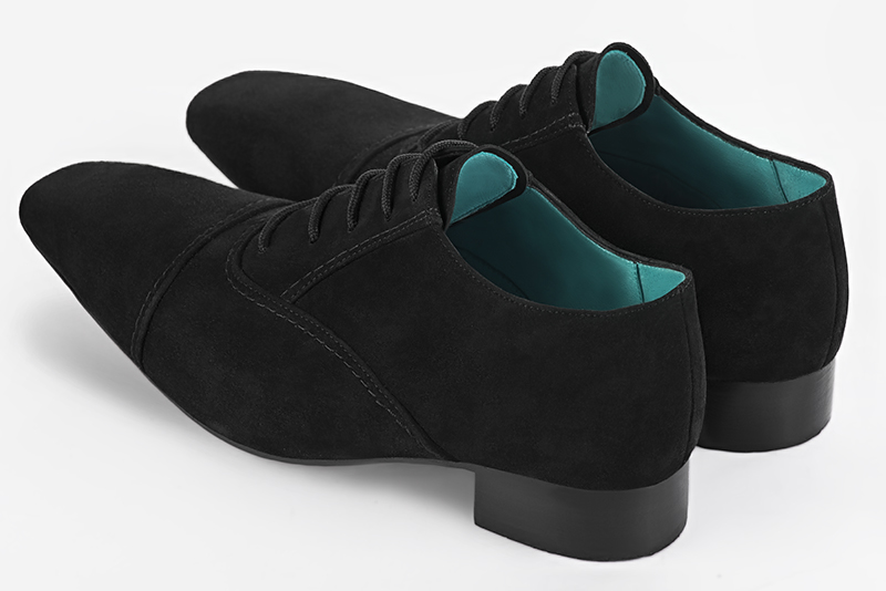 Matt black lace-up dress shoes for men. Square toe. Flat leather soles. Rear view - Florence KOOIJMAN